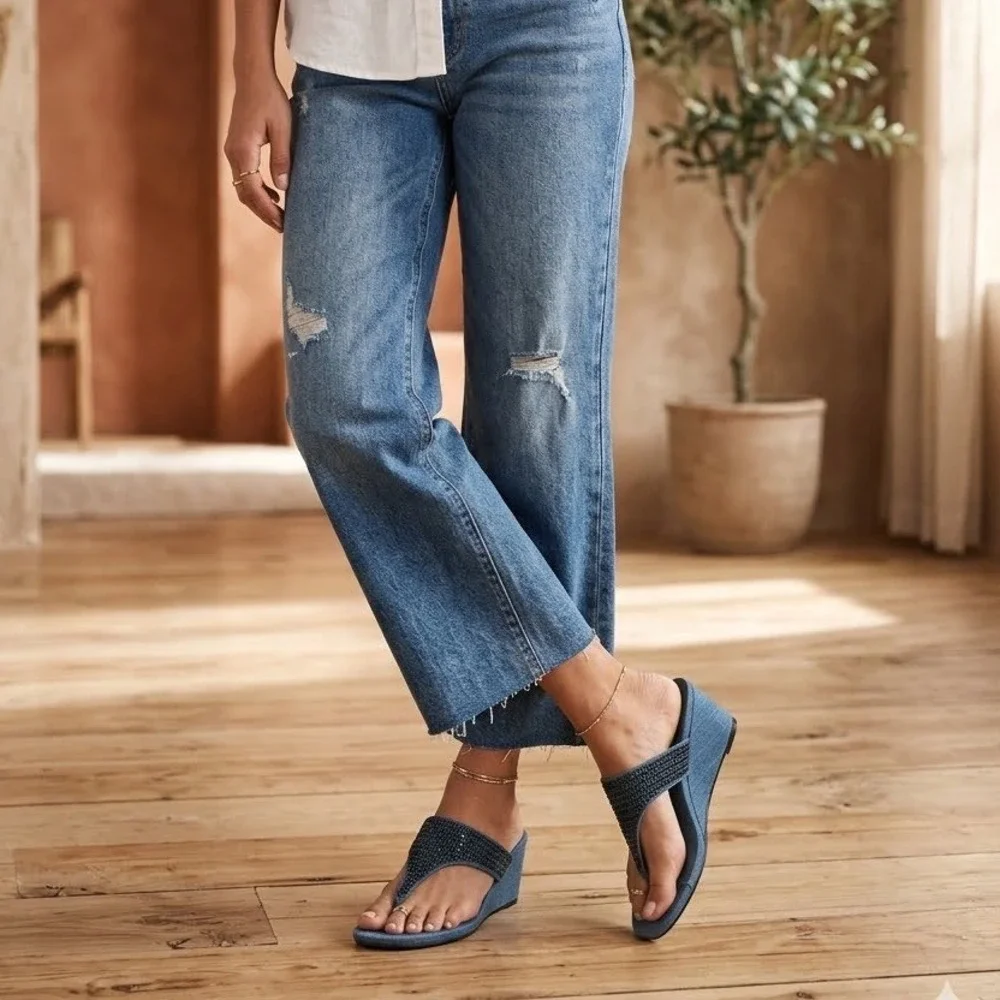 Simply Vera Vera Wang Blue Denim Rhinestone Wedge Sandals Slides Womens 8.5 M